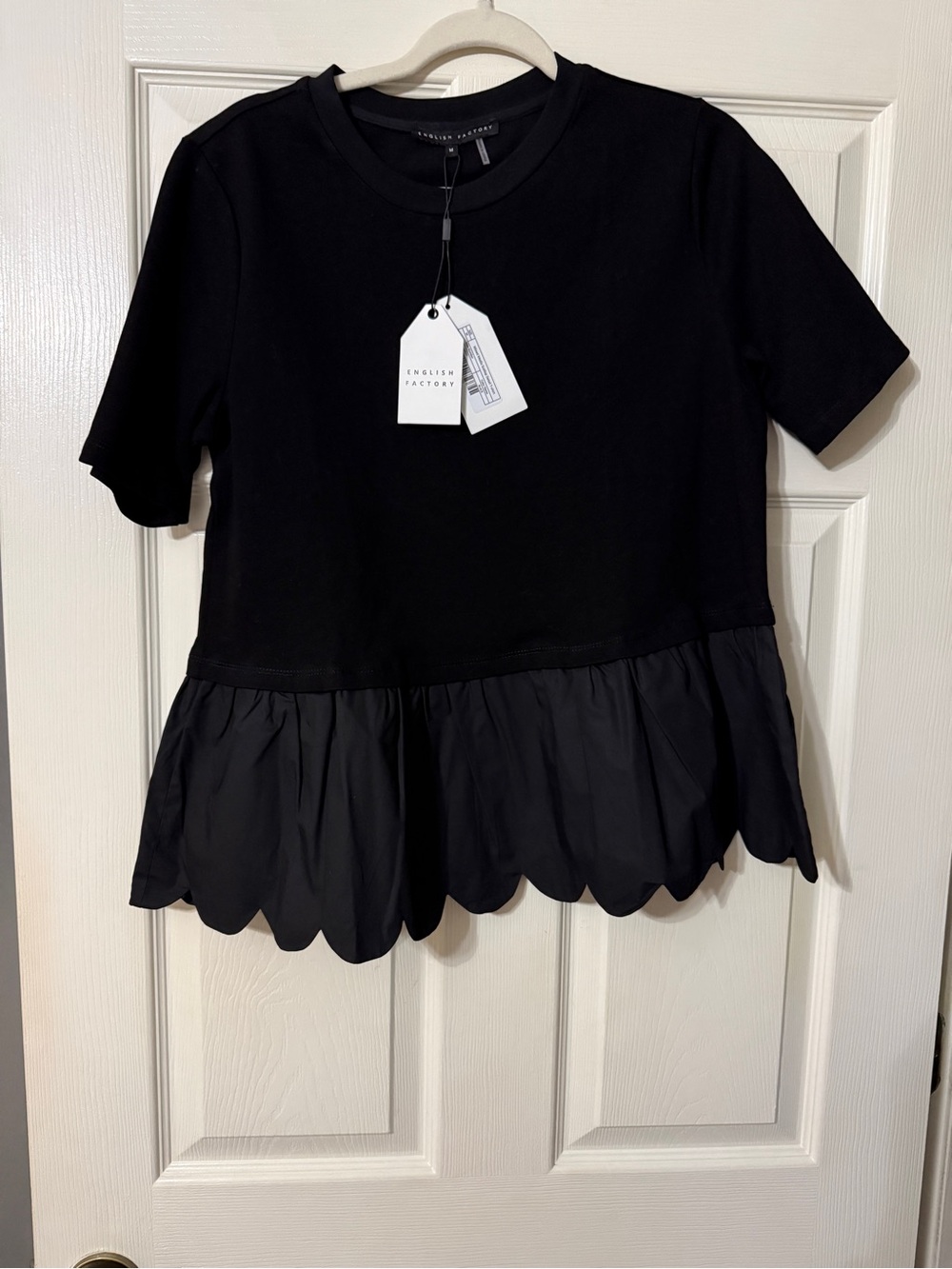 English Factory Black Short Sleeve Tee with Scalloped Peplum Hem